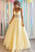 Yellow Lace Appliques A Line Tulle Prom Dresses Spaghetti Strap Formal Gown IN1971