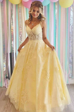 Yellow Lace Appliques A Line Tulle Prom Dresses Spaghetti Strap Formal Gown IN1971