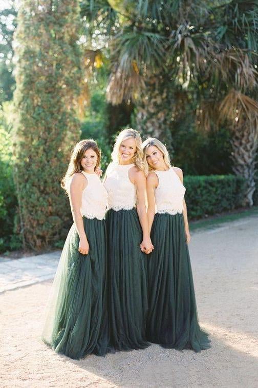 Modest Forest Green Tulle Ivory Lace Top Bridesmaid Dresses INB97