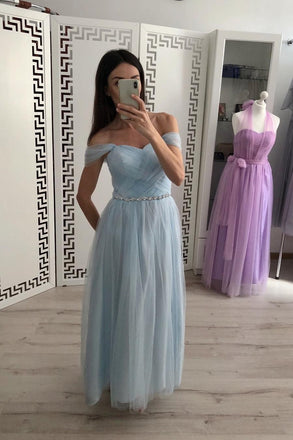 A Line Tulle Off the Shoulder Light Blue Cheap Prom Dresses INI79