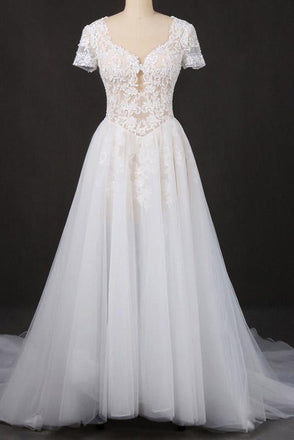 Off White A Line Short Sleeves Lace Appliques Wedding Dress, Bridal Gown INQ32