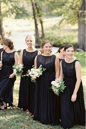 A-Line Round Neck Floor-Length Navy Blue Chiffon Bridesmaid Dresses INR93