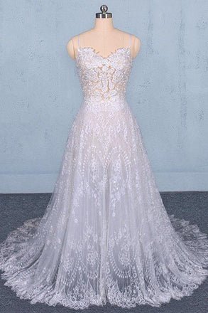 A Line Spaghetti Straps Long Elegant Wedding Dresses With Lace INQ11