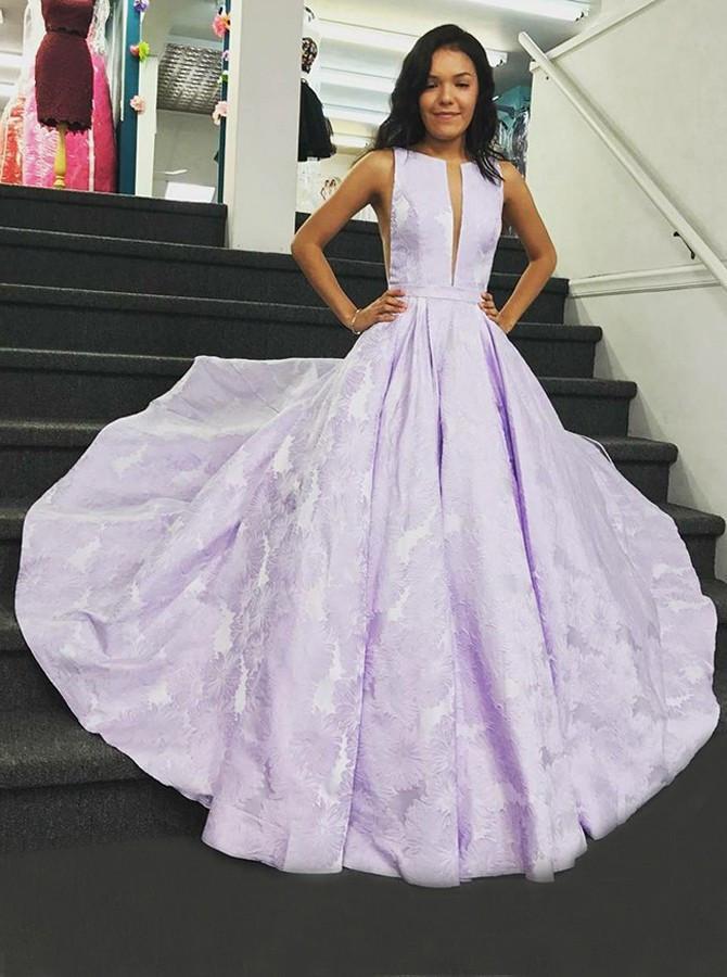 A-Line Floor-Length Lilac Printed Prom Dress, Simple Long Evening Dresses INJ12