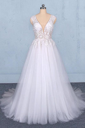 Stunning A Line V Neck Tulle Lace Appliques Wedding Dresses, Bridal Dress INQ12