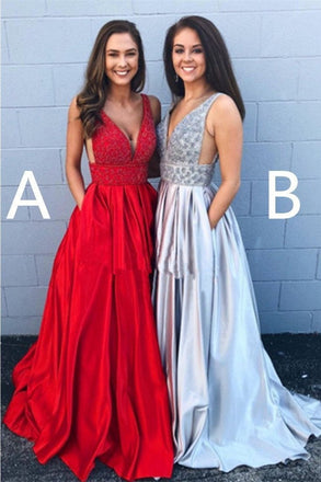Cheap A-line Deep V Neck Beading Backless Long Prom Dress With Pockets ING42