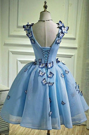 Sky Blue Butterfly Applique A Line V Neck Short Homecoming Dress INB67