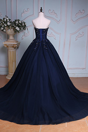 Navy Blue Ball Gown Court Train Sweetheart Strapless Appliques Prom Dress IN625