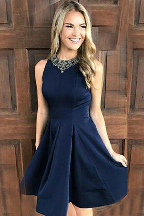 Beautiful A-Line Short Navy Blue Homecoming Dress with Beading INB75