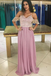 Cold Shoulder A-Line Spaghetti Straps Pink Long Chiffon Prom Dress with Lace INF97