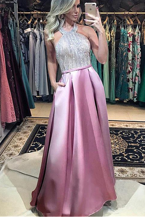 Stunning Beading Pink Halter Backless Prom Dresses With Pockets ING1