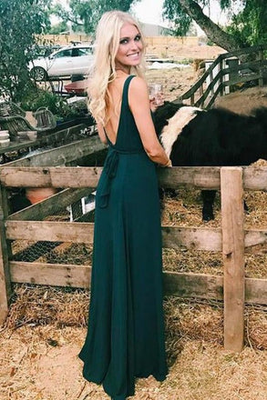 Charming A-Line V-Neck Spaghetti Straps Backless Floor-Length Dark Green Prom Dress IN758
