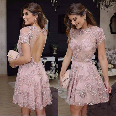 Short Lace Pink Beads A-Line Knee Length Backless Homecoming Dresses INC12