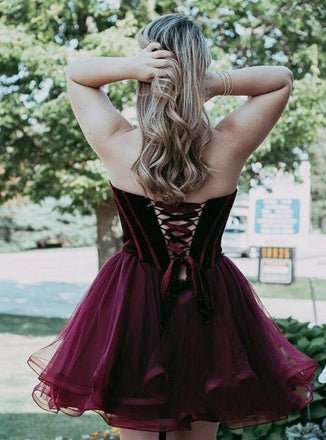 Burgundy Short Tulle Sweetheart A Line Mini Cocktail Party Dress,Cheap Homecoming Dresses INC16