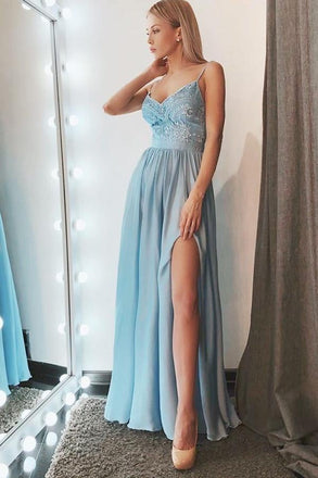 Simple A-Line Spaghetti Straps Blue Chiffon Long Prom Dress with Slit INB26