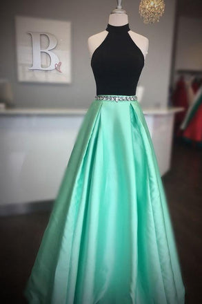 High Neck Two Piece Black And Mint Green Beads Long Prom Dress INF31