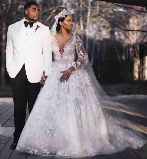 Ball Gown Deep V-Neck Long Sleeves Ivory Wedding Dress with Lace Appliques INE98