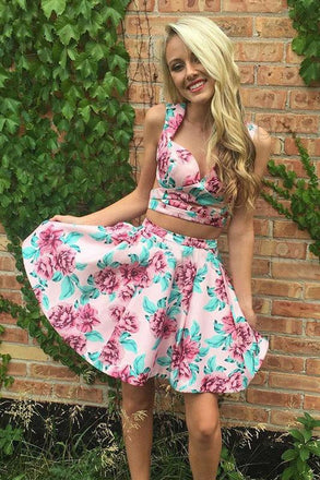 Two Piece Straps Floral Printed Cute Homecoming Dress INM21