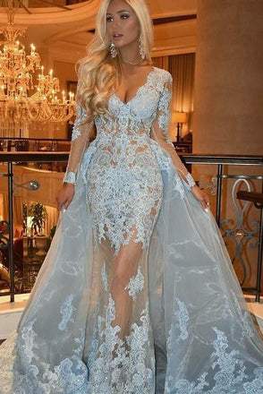Detachable V-Neck Long Sleeve Prom Dress with Lace Appliques Light Blue Evening Gown INH28