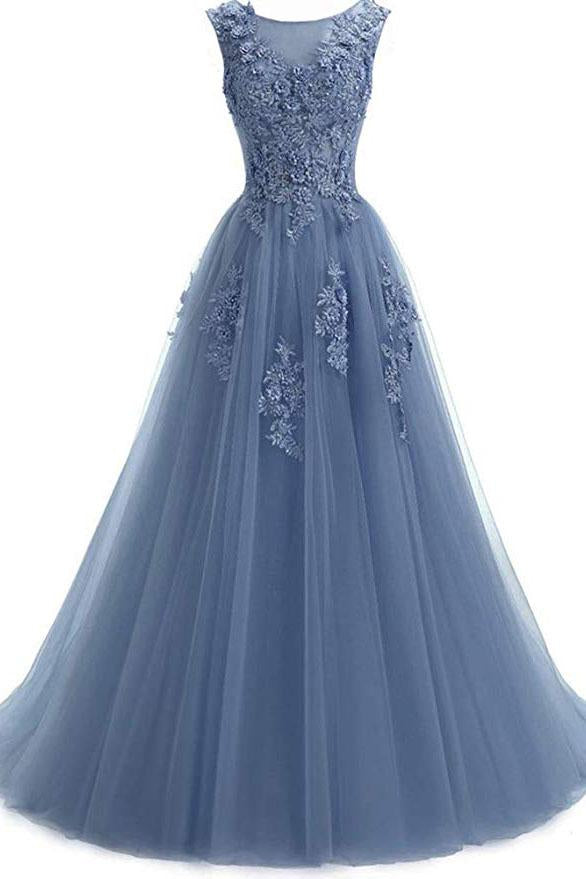 A Line Round Neck Lace Appliques Floor Length Prom Dress INR11