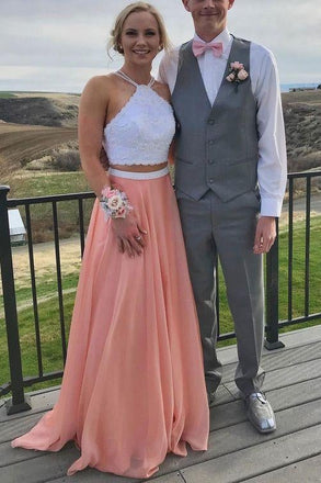 Two Pieces A Line Long Chiffon Prom Dresses With White Lace INB44