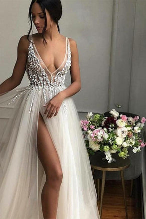 Sexy A-Line V-Neck Floor Length Ivory Prom Dress with Beading Split INJ8