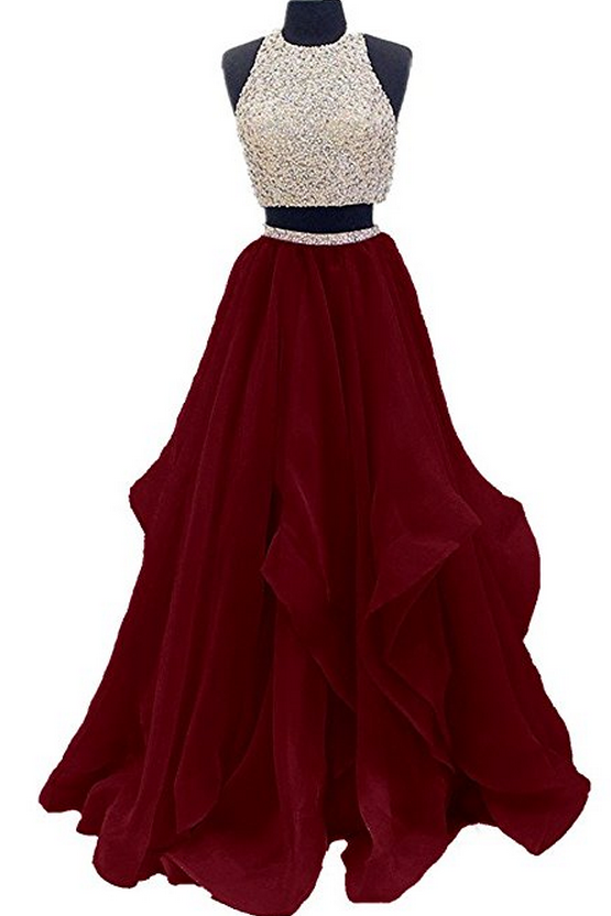 Two piece deals burgundy prom dress