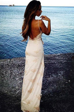 Sexy Spaghetti Straps Floor Length Backless Side Slit Appliques Prom Dress IN746