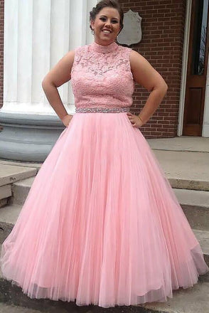 Pink Tulle High Neck Long Beading Plus Size Prom Dress With Lace Top IN660