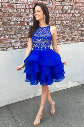 Cute A-line Lace Top Organza Skirt Royal Blue Tiered Short Homecoming Dresses INB73