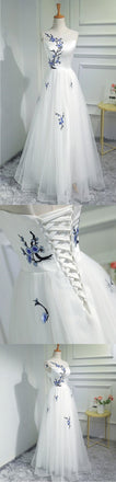 Simple Women Fashion White Embroidery Tulle Long Prom Evening Dresses IN945