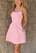 Cute A-line Cross Back Pink Satin Short Homecoming Dresses With Pockets INB14
