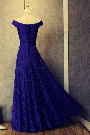 Royal Blue A Line Off Shoulder Lace Long Prom Dresses Evening Dresses IN741