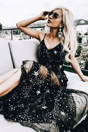 Sexy Sparkly Black Spaghetti Straps A Line Star Long Prom Dress ING9
