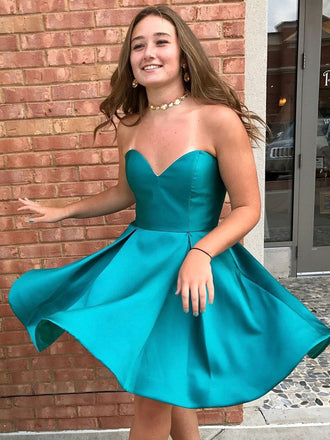 Simple A Line Short Strapless Sweetheart Neck Satin Cheap Homecoming Dresses INB69