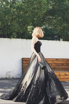 Charming A-Line Sweetheart Strapless Black Long Tulle Prom Dress With Lace Beading IN834