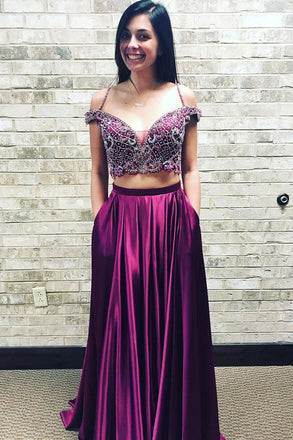 Two Piece Straps Beading Plum Purple Long Prom Dress With Pockets INJ28