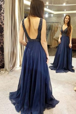 Sexy Low Cut Beading Chiffon Long Prom Dresses For Teens,Graduation Party Dresses IN939