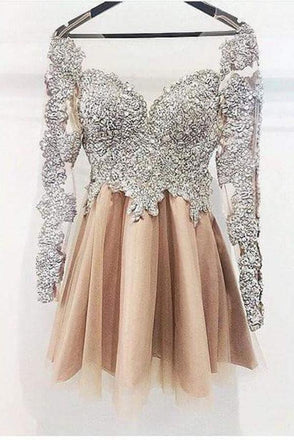 A Line Long Sleeves Homecoming Dress, Cheap Short Prom Dresses INJ36