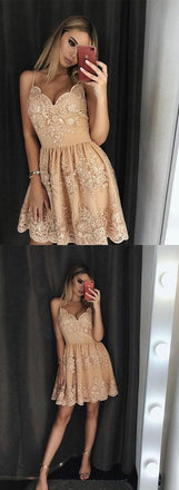 Stylish A-Line Spaghetti Straps Short Homecoming Dress with Lace Appliques IND14