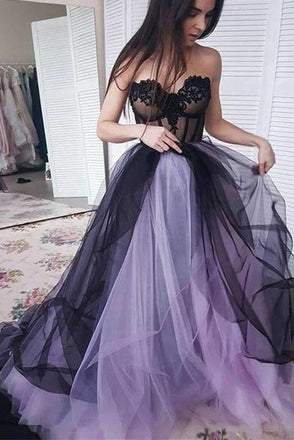 New Arrival Sweetheart Long Tulle Sleeveless Lilac Black Prom Dress with Appliques INH42