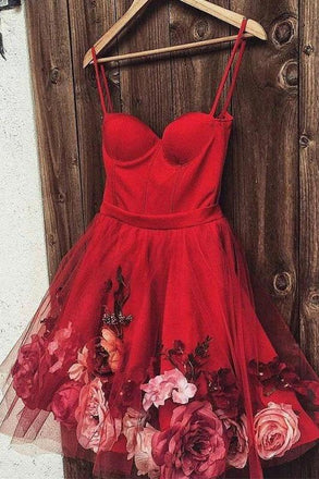 Burgundy Tulle Short Prom Dress, Spaghetti Straps Homecoming Dress With Flowers INL79