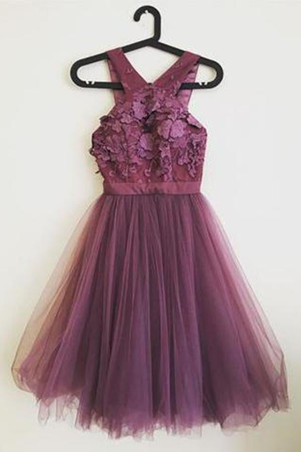 Grape Lace Top A Line Short Tulle Cheap Homecoming Dress IND15