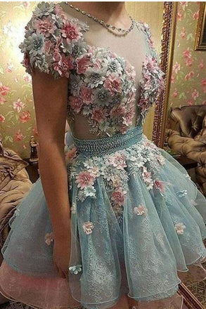 A Line Short Sleeves Homecoming Dresses, Princess Short Prom Dress With Flowers INM52