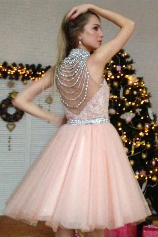 Chic Pearl Pink A Line Appliques Beading Short Homecoming Dress INB51