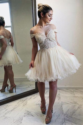 Sexy Off the Shoulder A-Line Tulle Beaded Homecoming Dresses,Graduation Dress INB52
