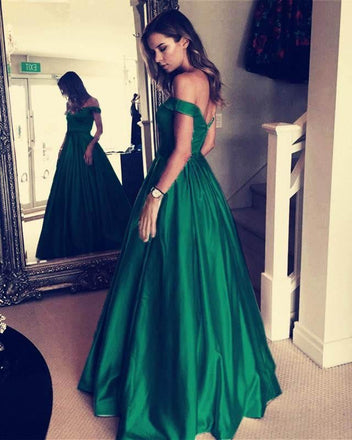 A Line Off The Shoulder Simple Green Long Cheap Prom Dresses With Pockets INH21