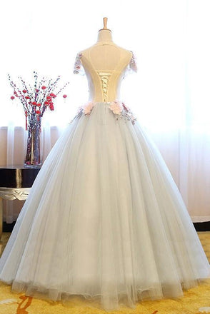 White Princess Deep V Neck Flowers Cap Sleeve Long Ball Gown Prom Dresses, Quinceanera Dress IN689