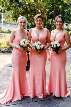 Mermaid V-Neck Sweep Train Pink Satin Simple Bridesmaid Dresses INR28