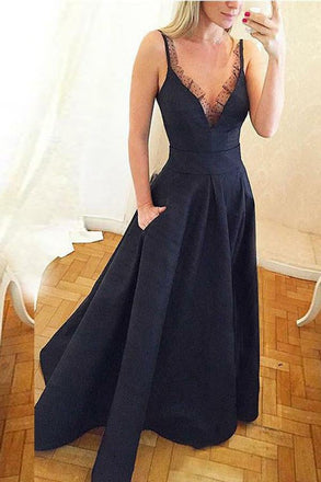 Elegant A-Line Spaghetti Straps V Neck Satin Navy Blue Prom Dress With Pocket INB45